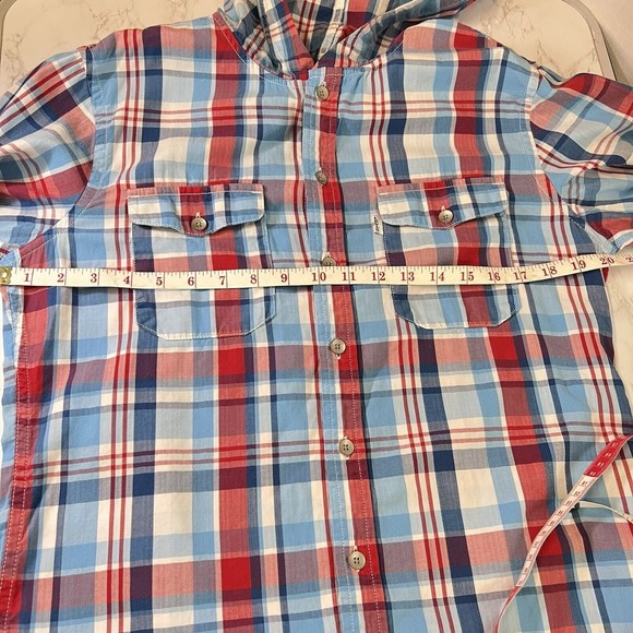 Levis Modern Fit Hooded Button Up L/S Shirt Mens Medium Red White Blue Plaid - Picture 15 of 16